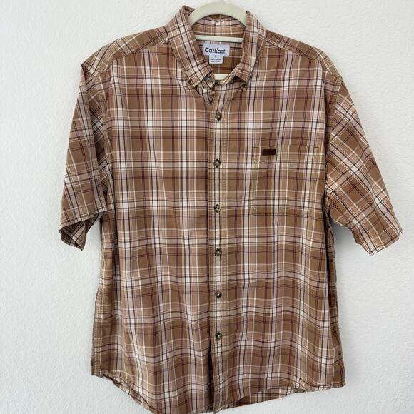 Carhartt Mens Short Sleeve Button Shirt Size L 100% Cotton Work Plaid Tan - Picture 1 of 7